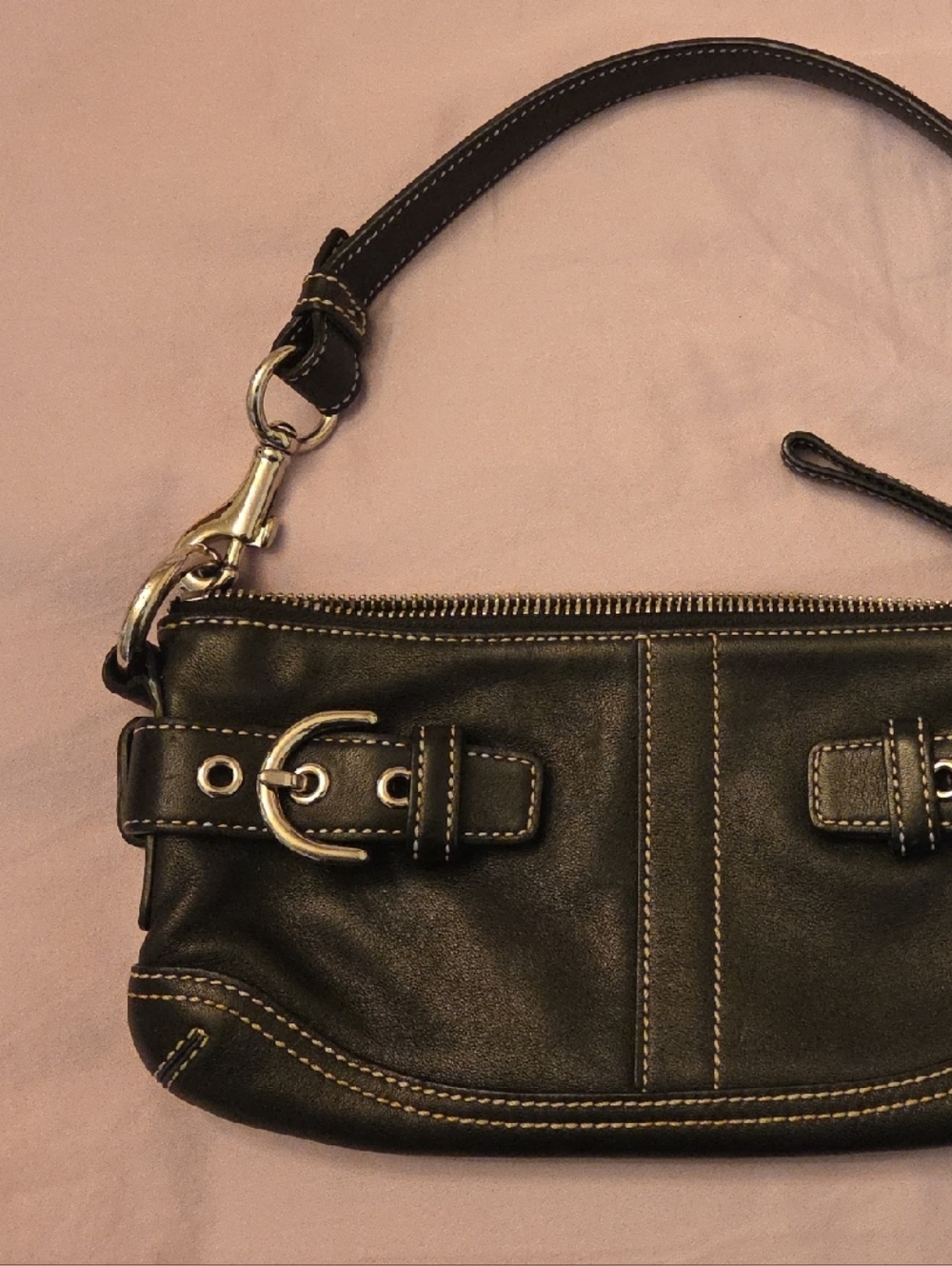Coach Black Leather Wristlet Clutch with Silver Hardware